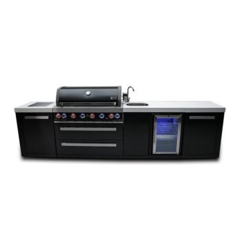 Mont Alpi 5-Burner Compact Black Outdoor Kitchen Island Gas Grill + Fridge Cabinet